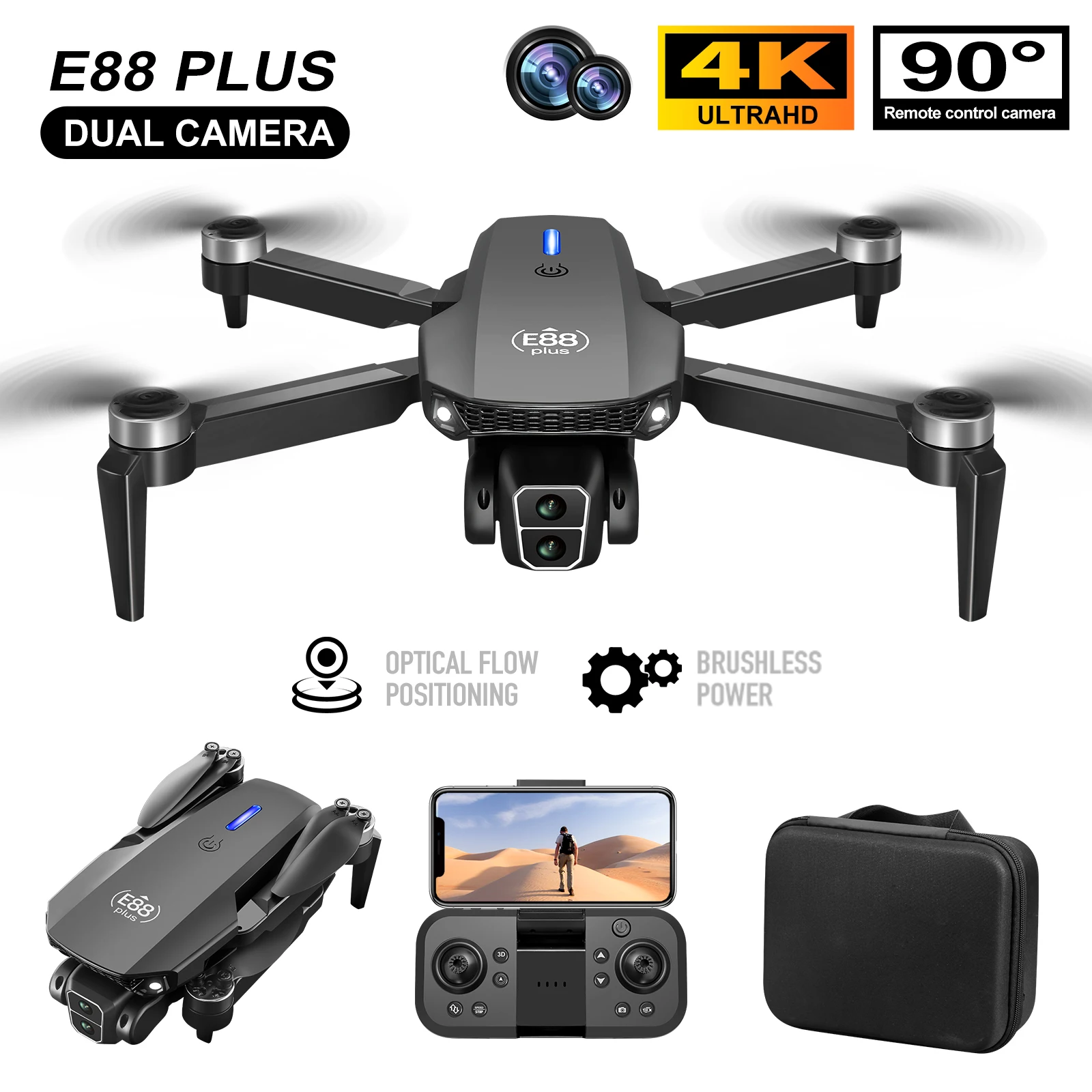 新型E88 Plusクアッドコプタードローン：90 °    - Rc Helicopter Case のレビューと価格
